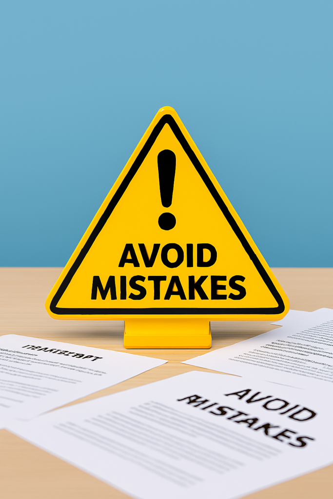 A caution sign with “Avoid Mistakes” written, next to scattered papers