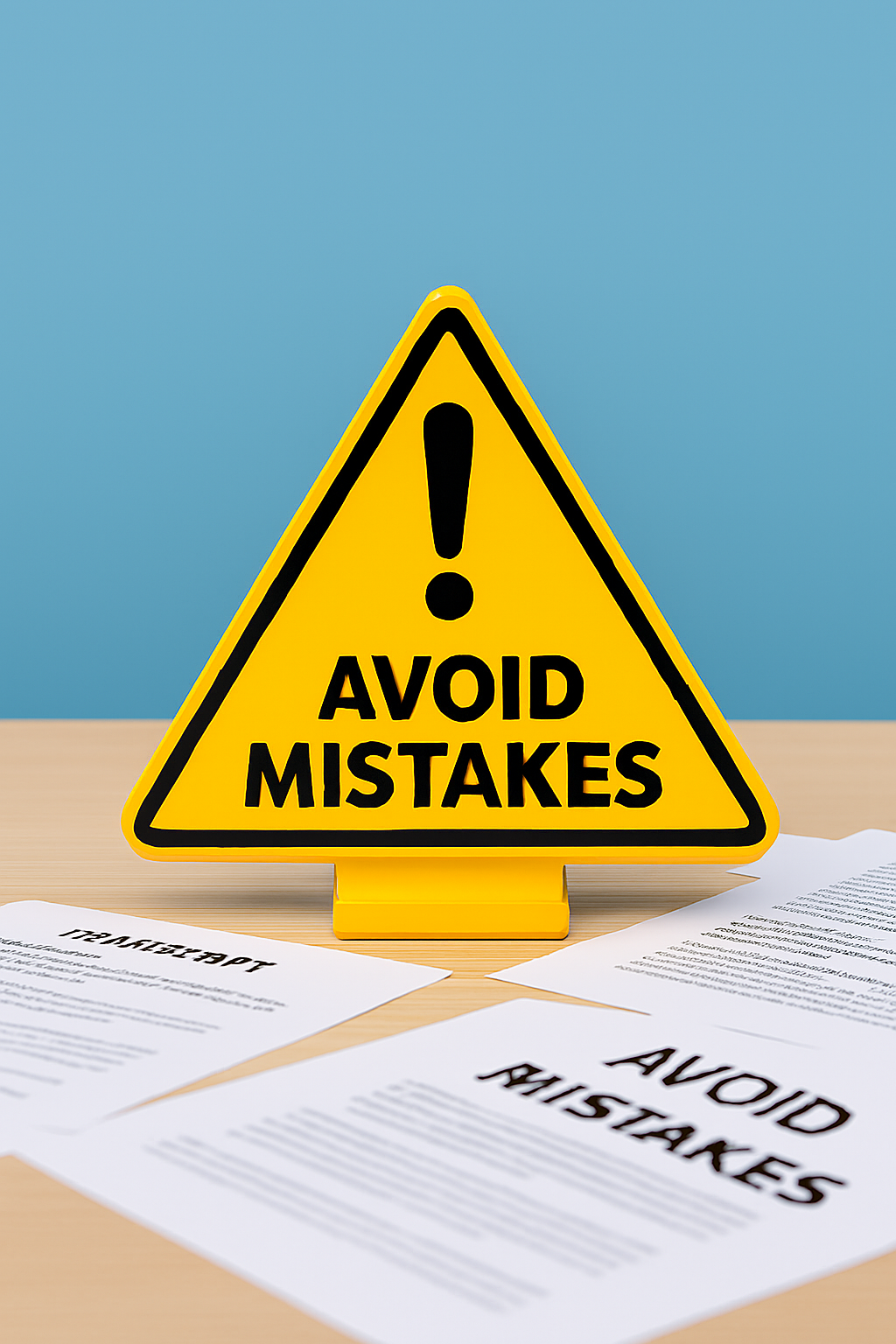 A caution sign with “Avoid Mistakes” written, next to scattered papers