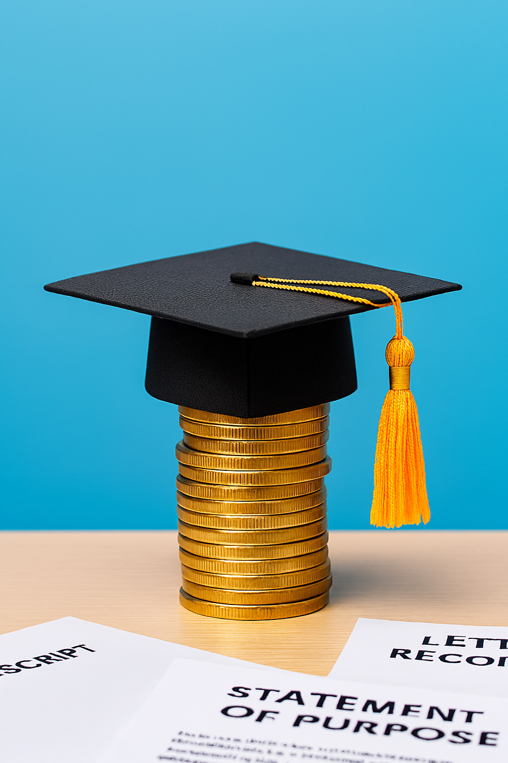 A graduation cap placed on a stack of coins, symbolizing scholarships