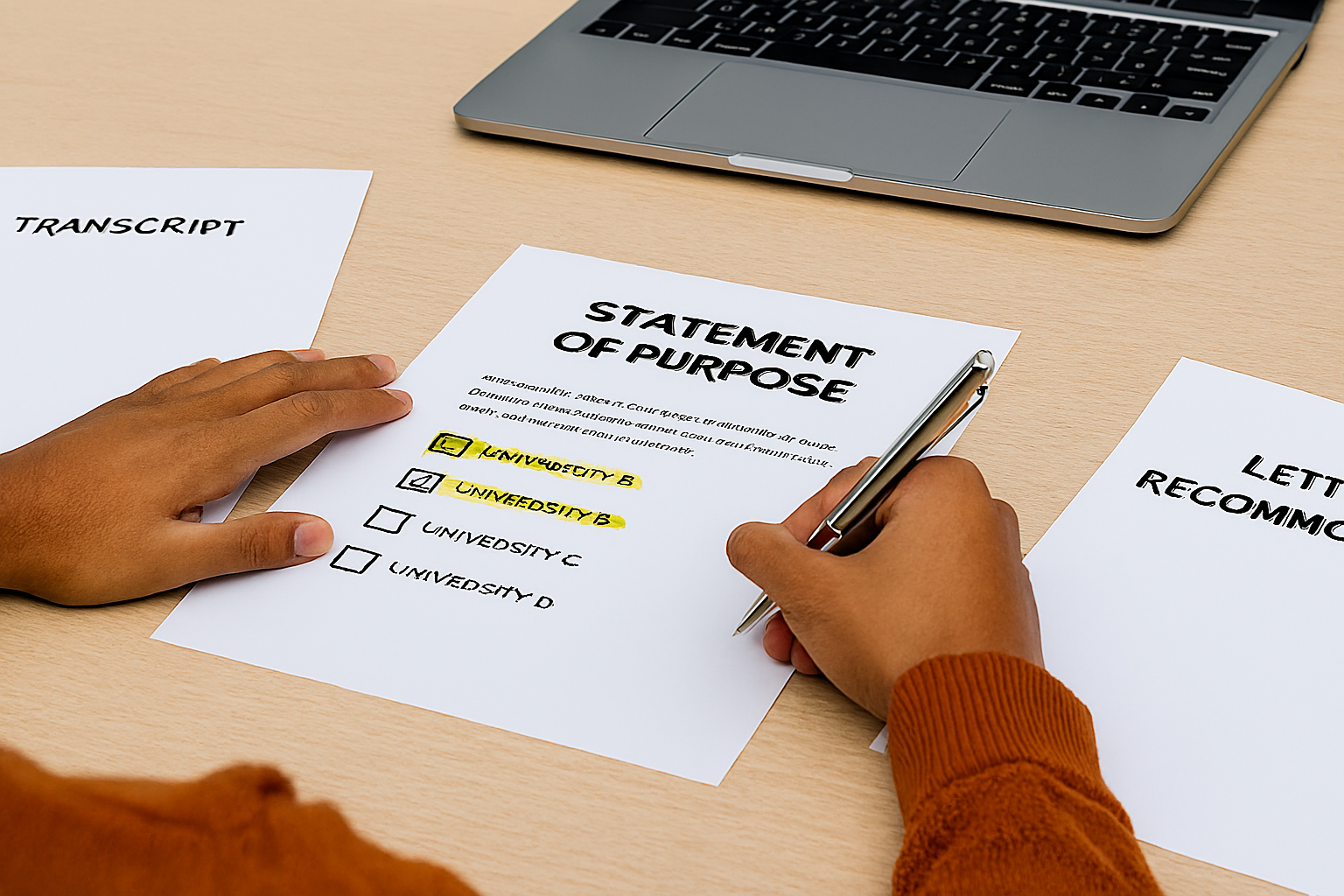 A student writing an SOP at a desk with papers, pen, and laptop
