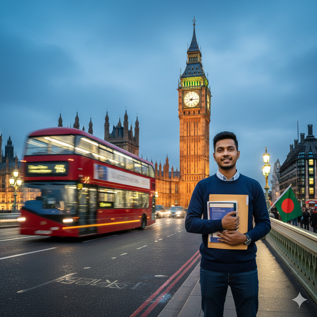 Bangladeshi student in the foreground holding books and a small Bangladesh flag
