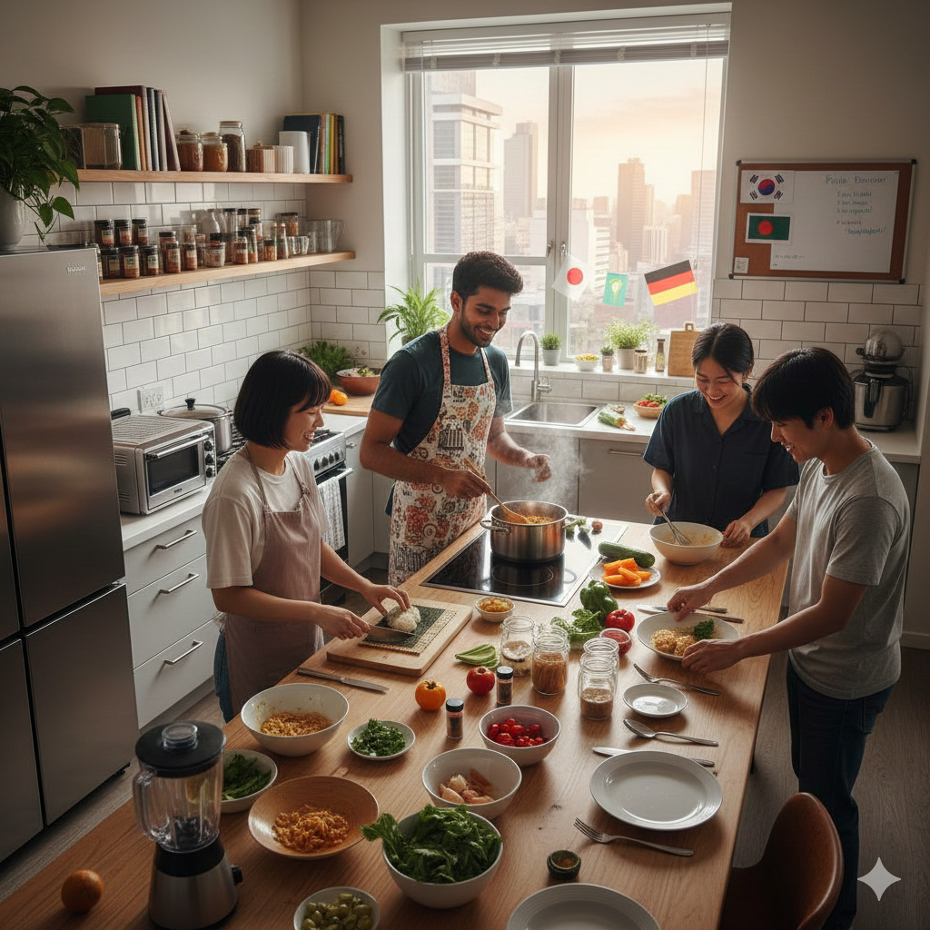 Bangladeshi student is cooking with Japanese