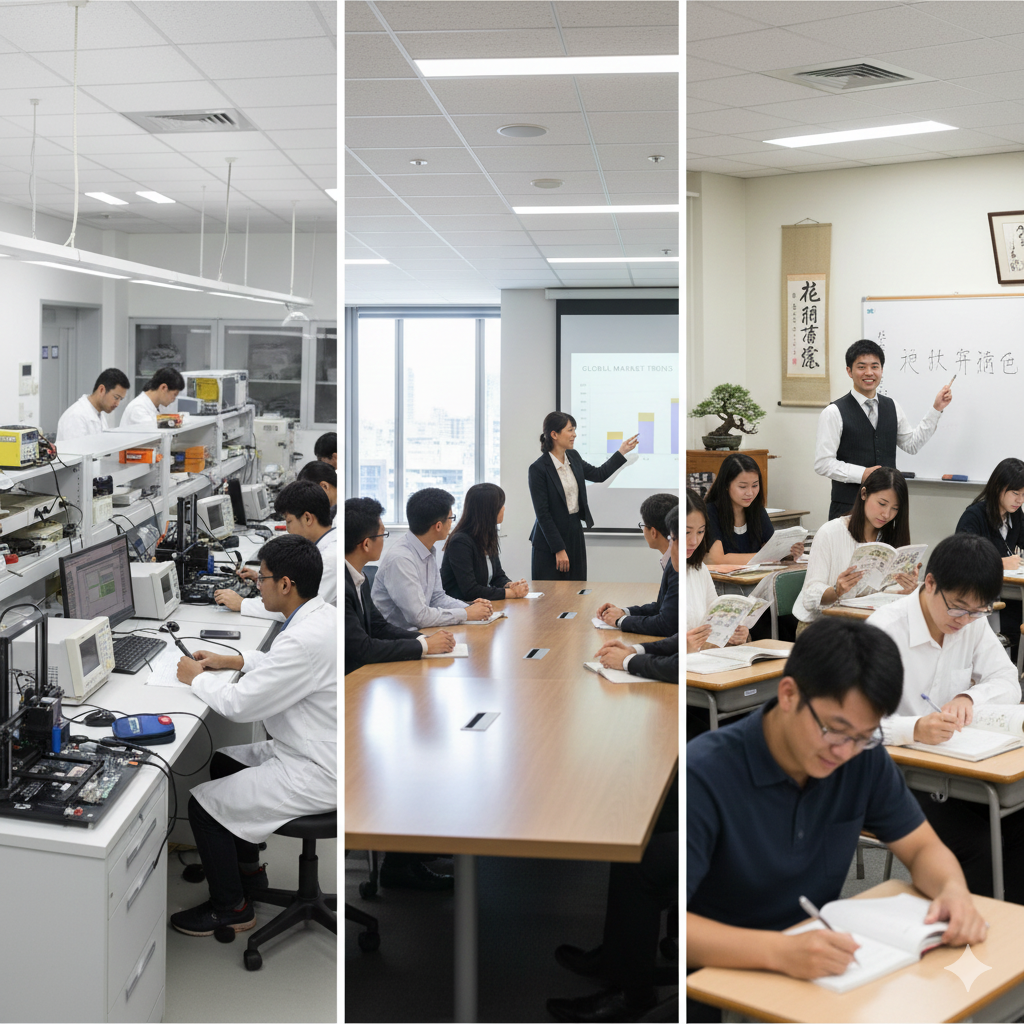 Collage of an engineering lab, a business classroom, and a Japanese language class with both Bangladeshi and international students