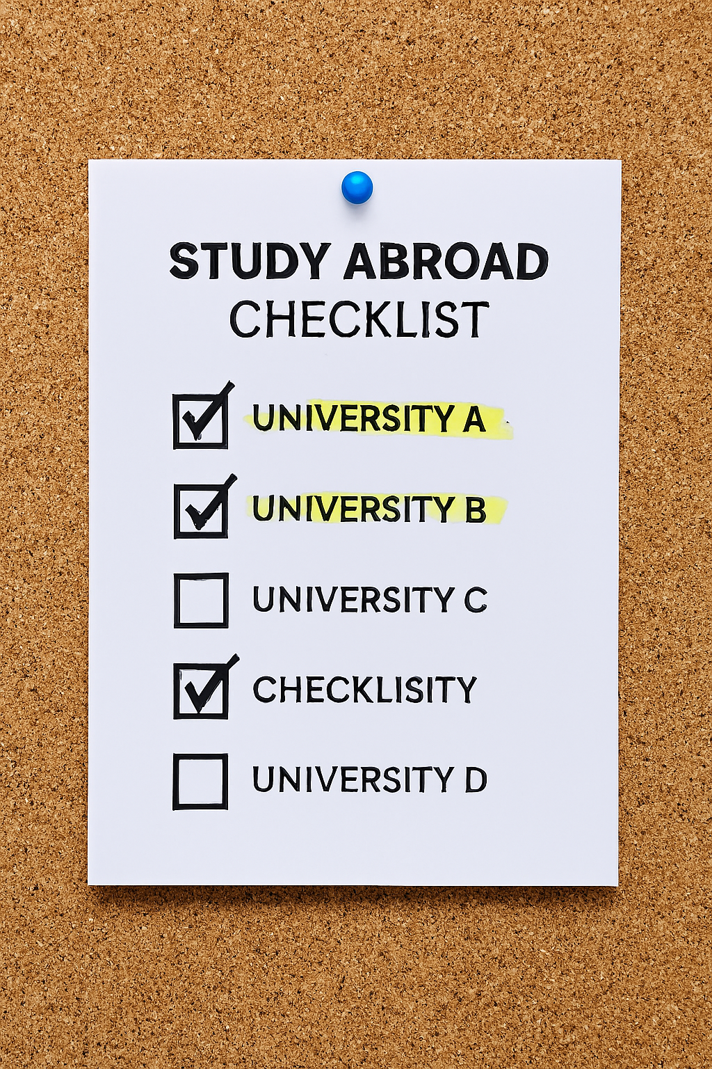 A checklist with shortlisted universities highlighted, pinned on a corkboard