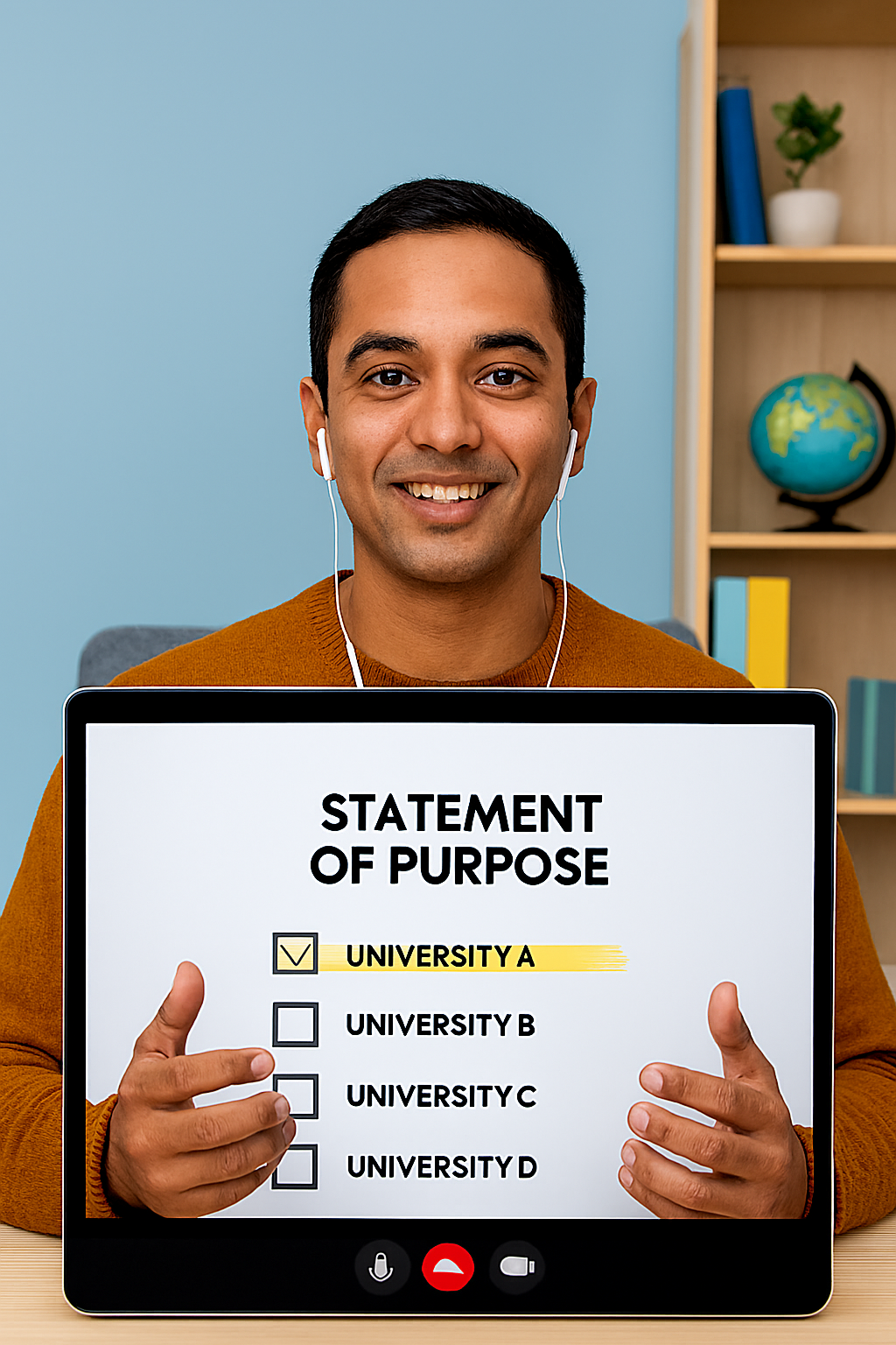 Image Prompt A student confidently answering questions in a virtual interview.