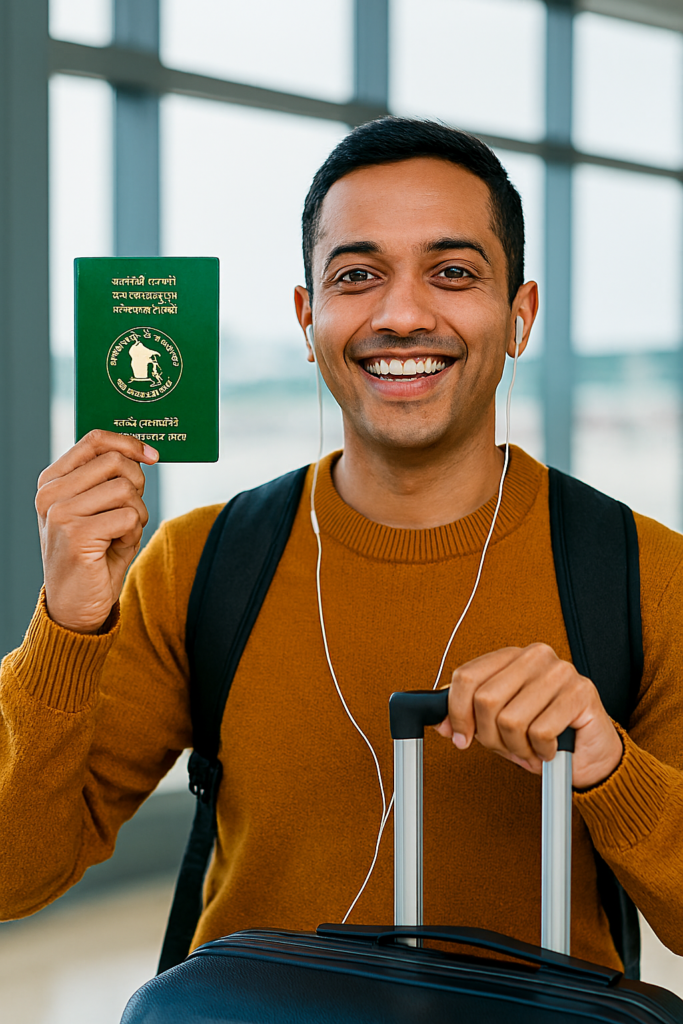 A student holding a passport and suitcase at an airport, smiling with excitement.