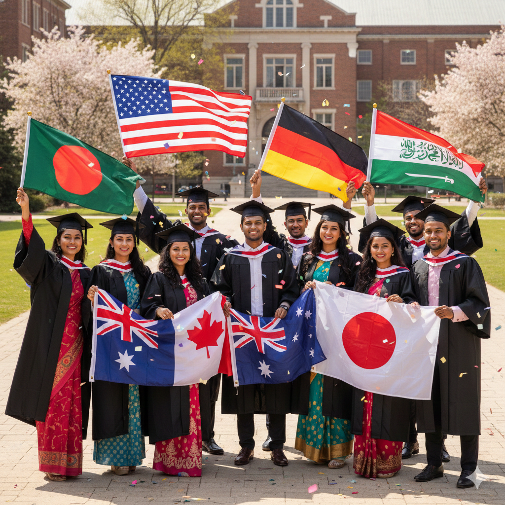 Image prompt Group of diverse Bangladeshi students in graduation gowns holding flags of different countries, smiling on a university campus.