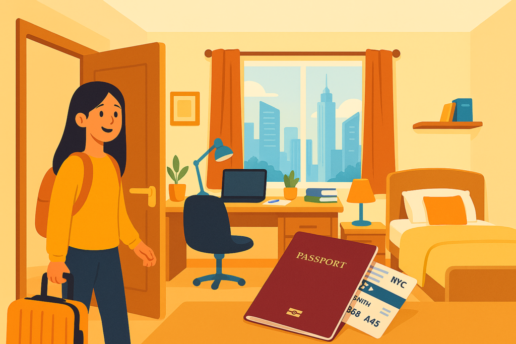 Student Entering A Cozy Student Accommodation Room With A Suitcase