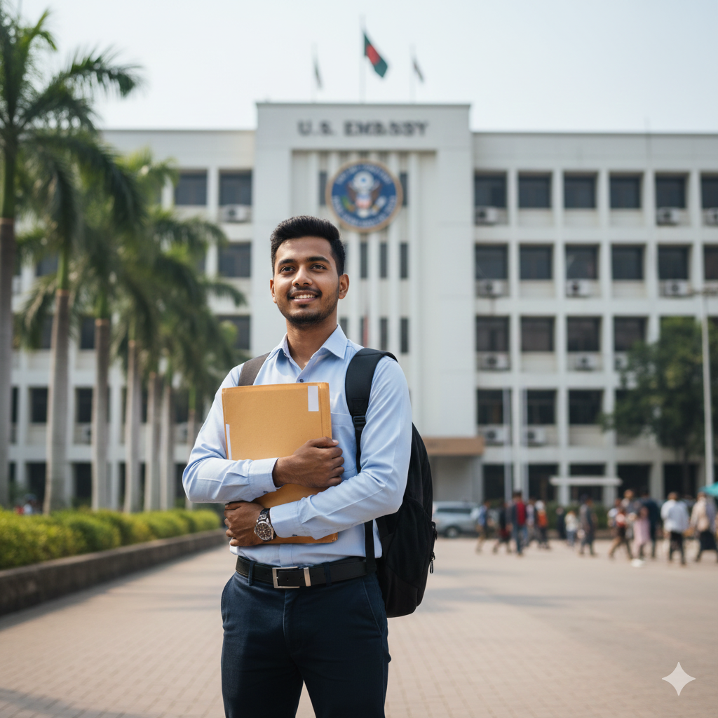Student standing outside the U.S. Embassy